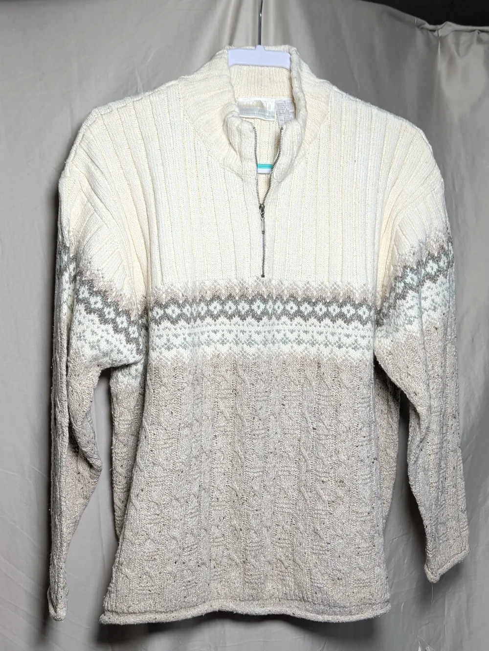 Women's Zip-Neck Sweater in Cream and Light Brown Cozy Cotton Plus Size